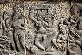 Prambanan - Dance sculptures. Female dancer with sword and shield at Bharata's coronation, Shiva Temple.  